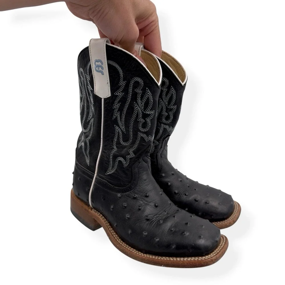 Anderson Bean Kids Leather Cowboy Boots Impostrich Size 2 Black Square Toe 3015